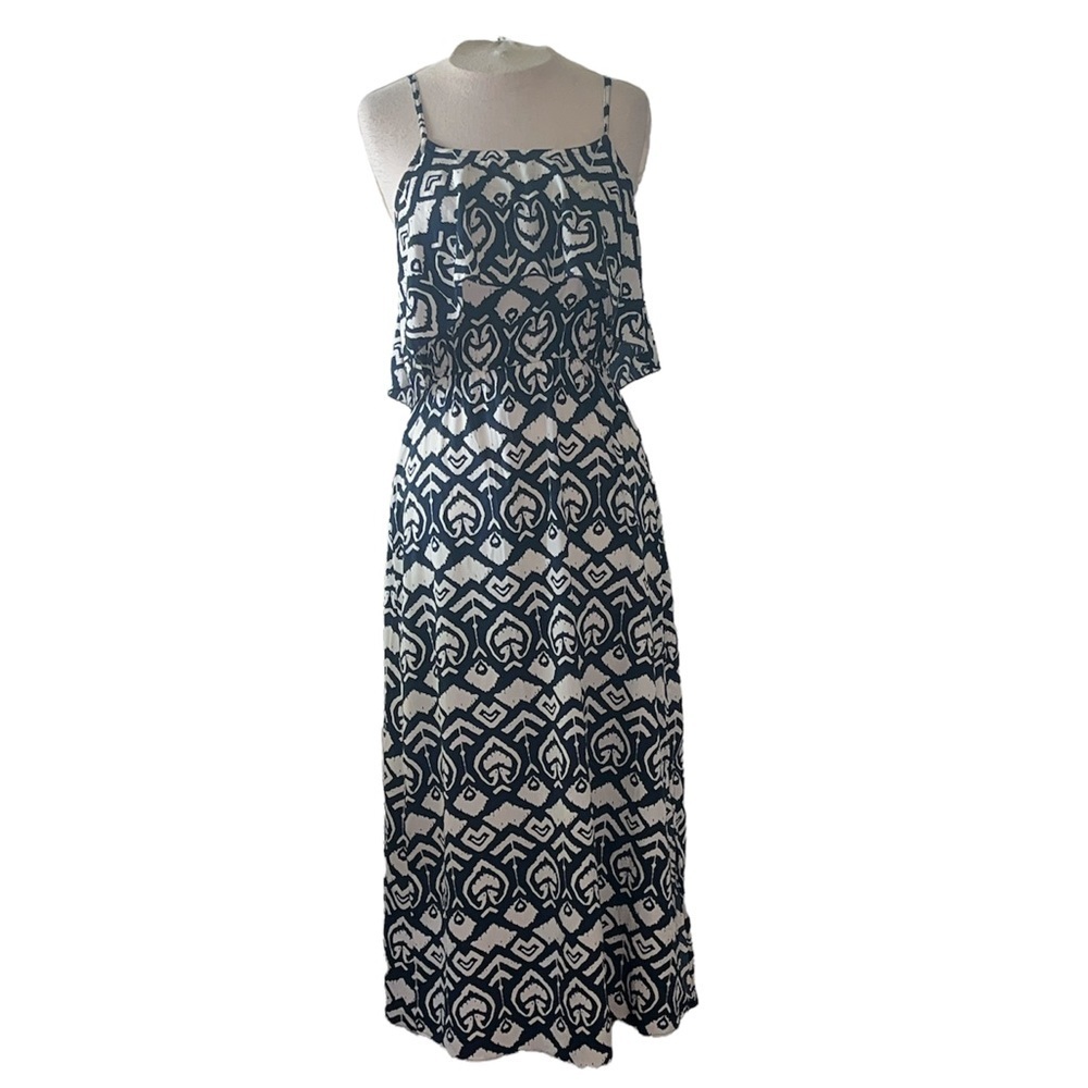 Indulge blue and white geometric print sleeveless maxi dress size Small - Picture 2 of 13
